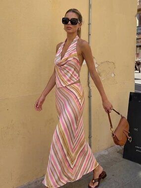 ZARA ZW STRIPED SATIN MIDI SKIRT & HALTER TOP COORD SET MULTICOLOR 6929/419/330
